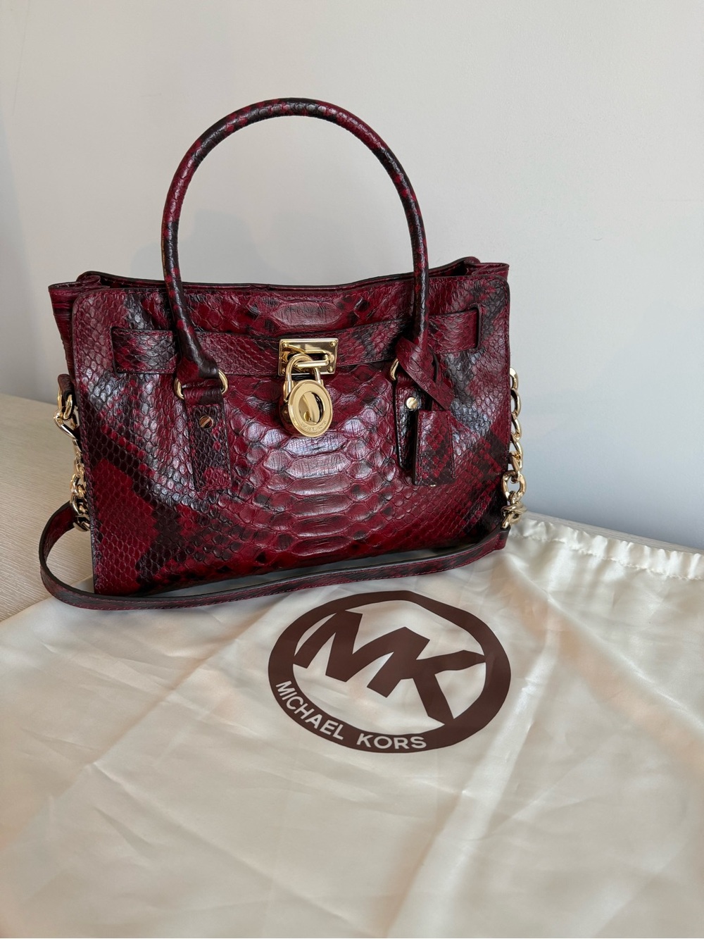 Michael Kors Hamilton Burgundy Python-Effect Leather Satchel